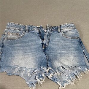Blue Distressed Jean Shorts with Frayed Hem